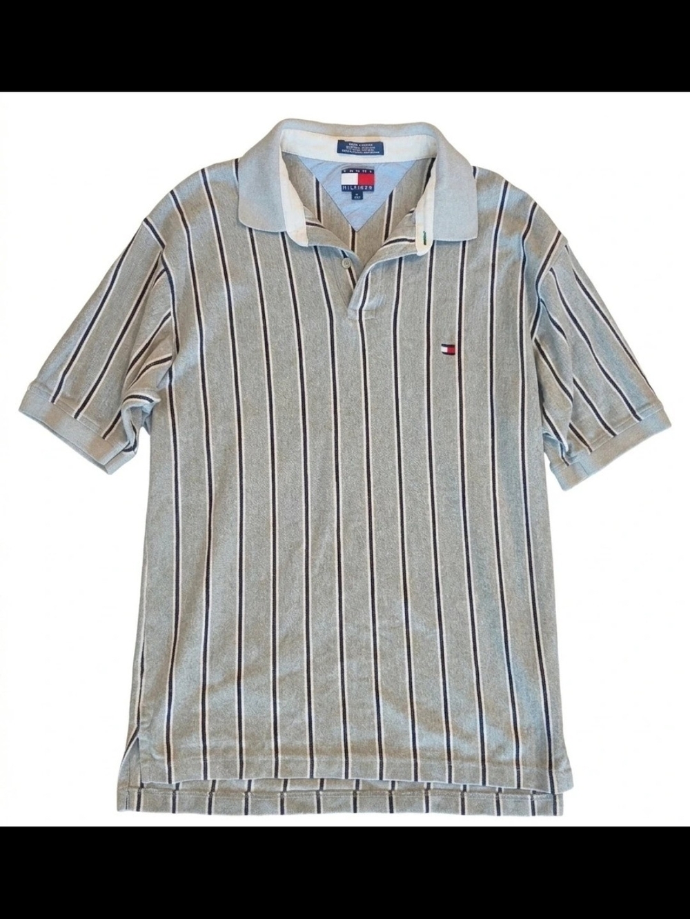 Vintage Tommy Hilfiger Men's Light Gray Vertical Stripe Polo